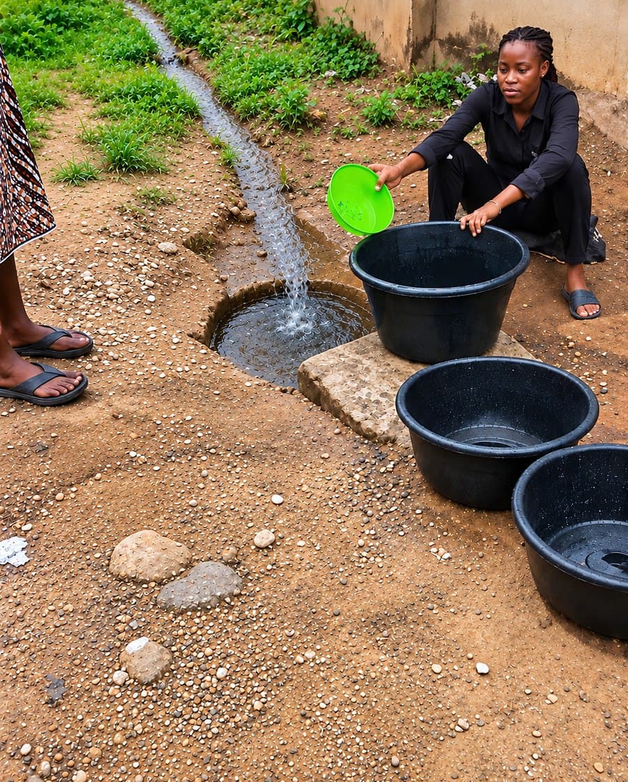 A young woman filling basins from an open water source